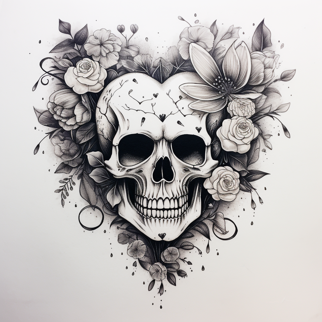 Heart Skull Flowers Sketch Artwork