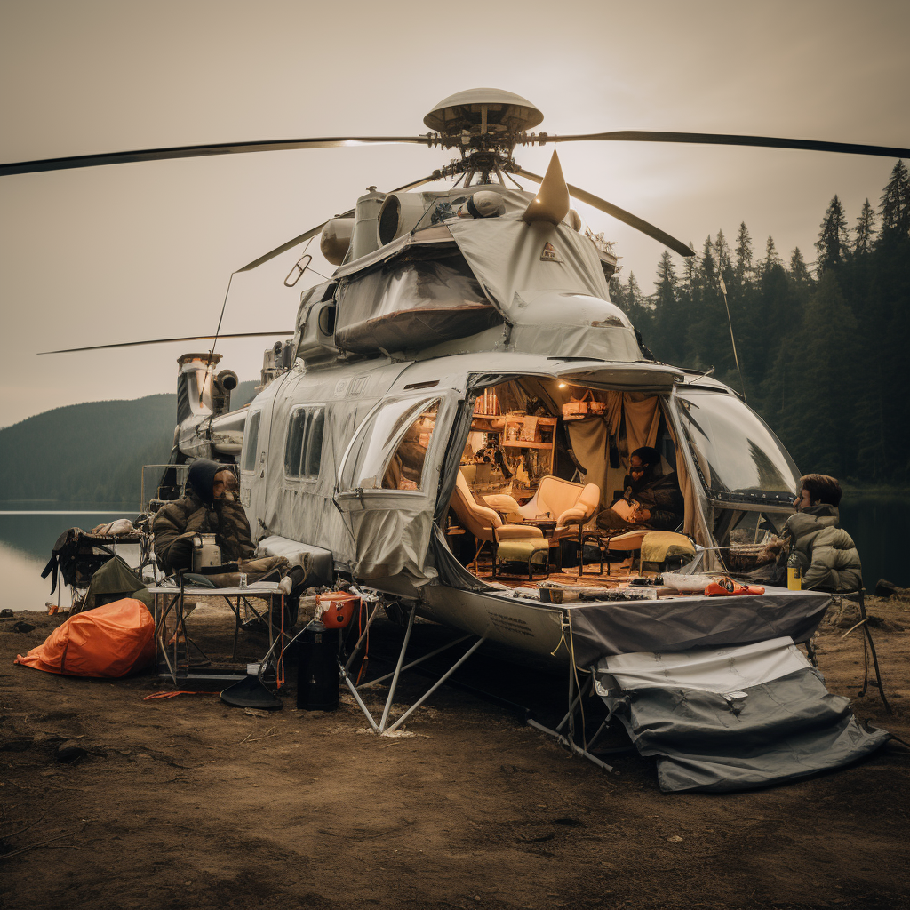 Helicopter camping adventure in nature