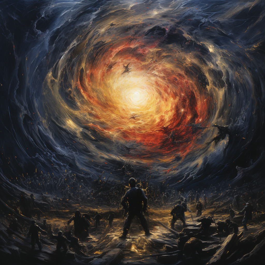 Dramatic oil painting depicting energy vortex and troopers