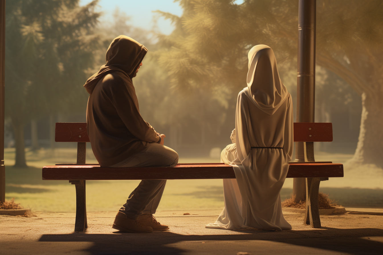 Costumed couple sitting on park bench in conversation