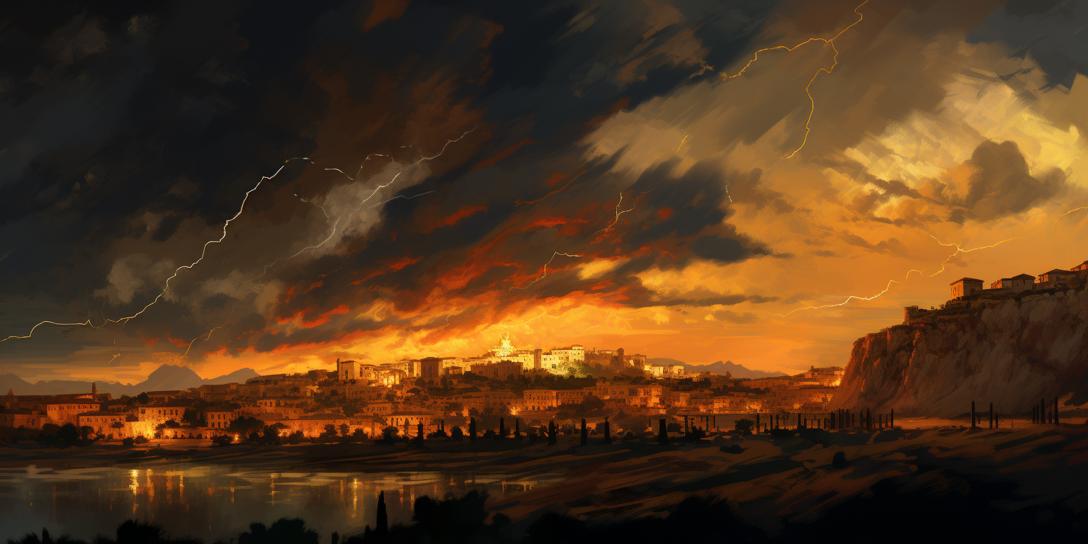 Expressive digital painting of hero lighting old Roman landscape