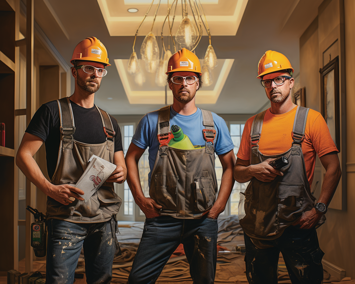 Three cool contractors in an artistic oil painting style