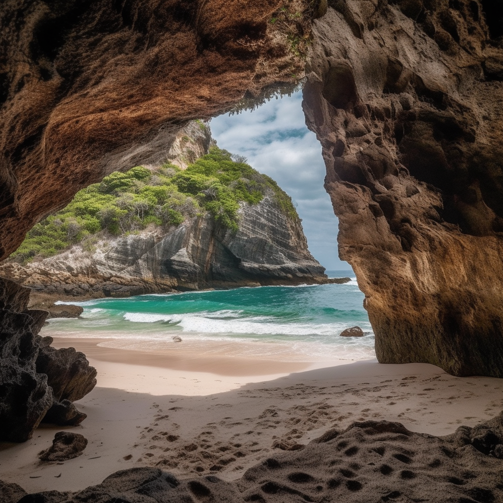 Serene hidden beach through a cave in Mexico