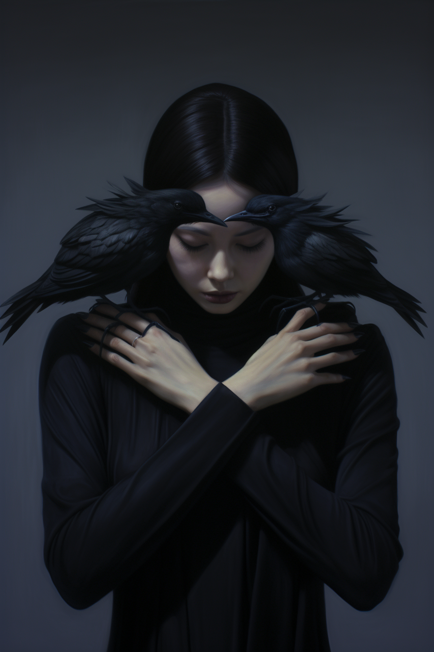 Enigmatic woman with hands and black bird