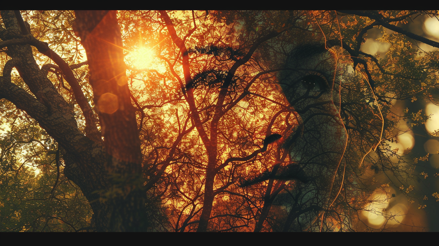 woman face in trees at sunset