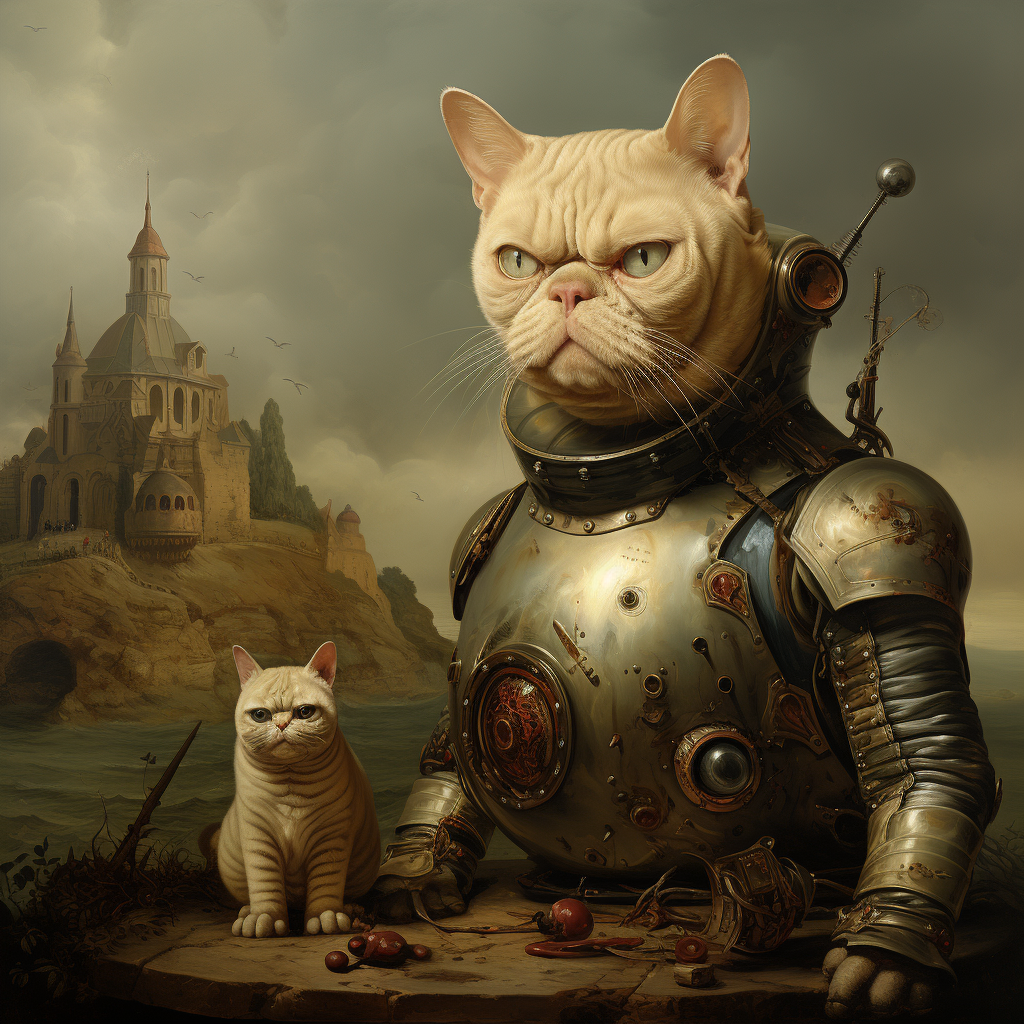 Portrait of Bulldog and Cat in Bosch Style