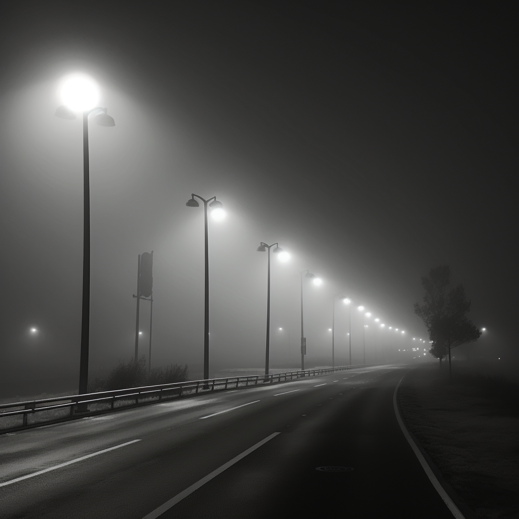 Black and White Highway Streetlights in Fog