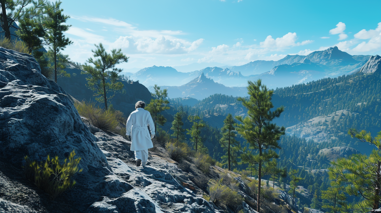 Hiker climbing steep mountain lab coat