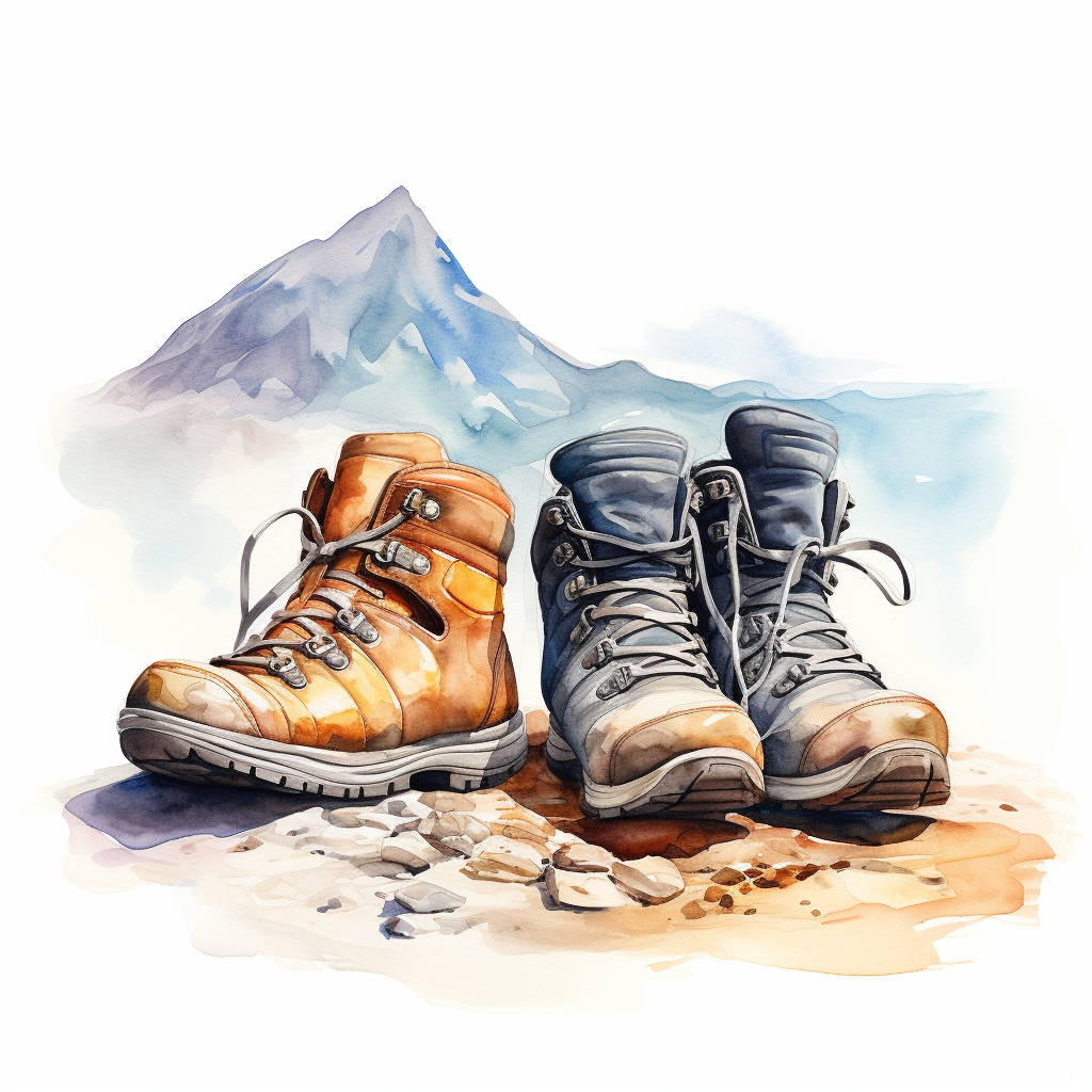 Dirty hiking shoes and mountains in surreal watercolor painting