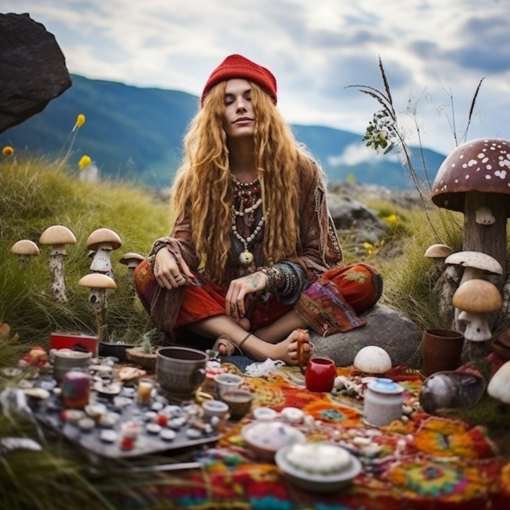 Outdoor photo of a peaceful hippie girl with mushrooms