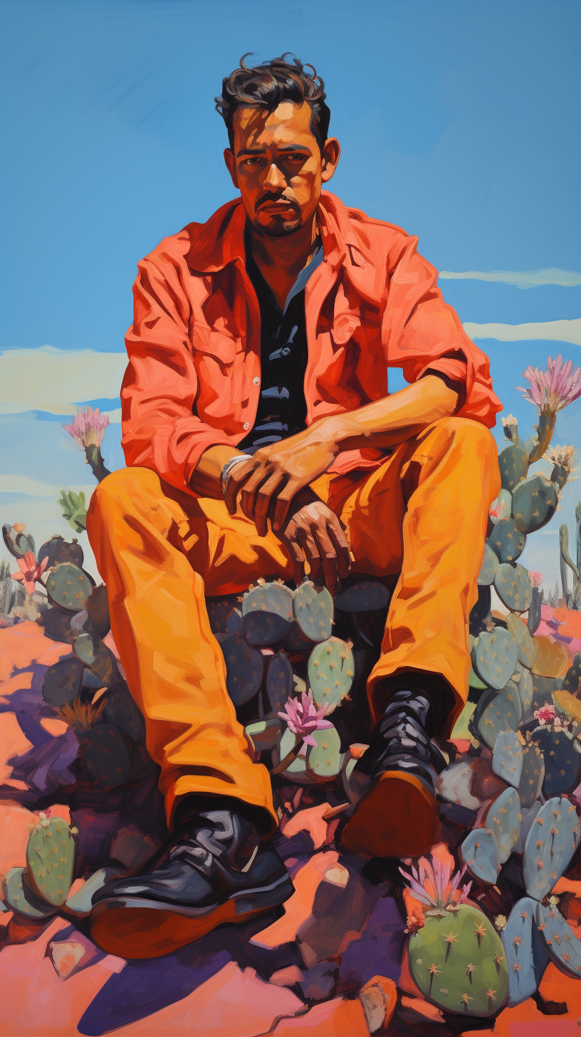 Hispanic man on colorful cholla cactus