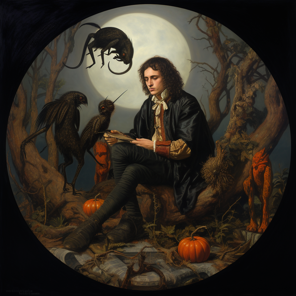 Hispanic guy sitting on crescent moon with tarantulas