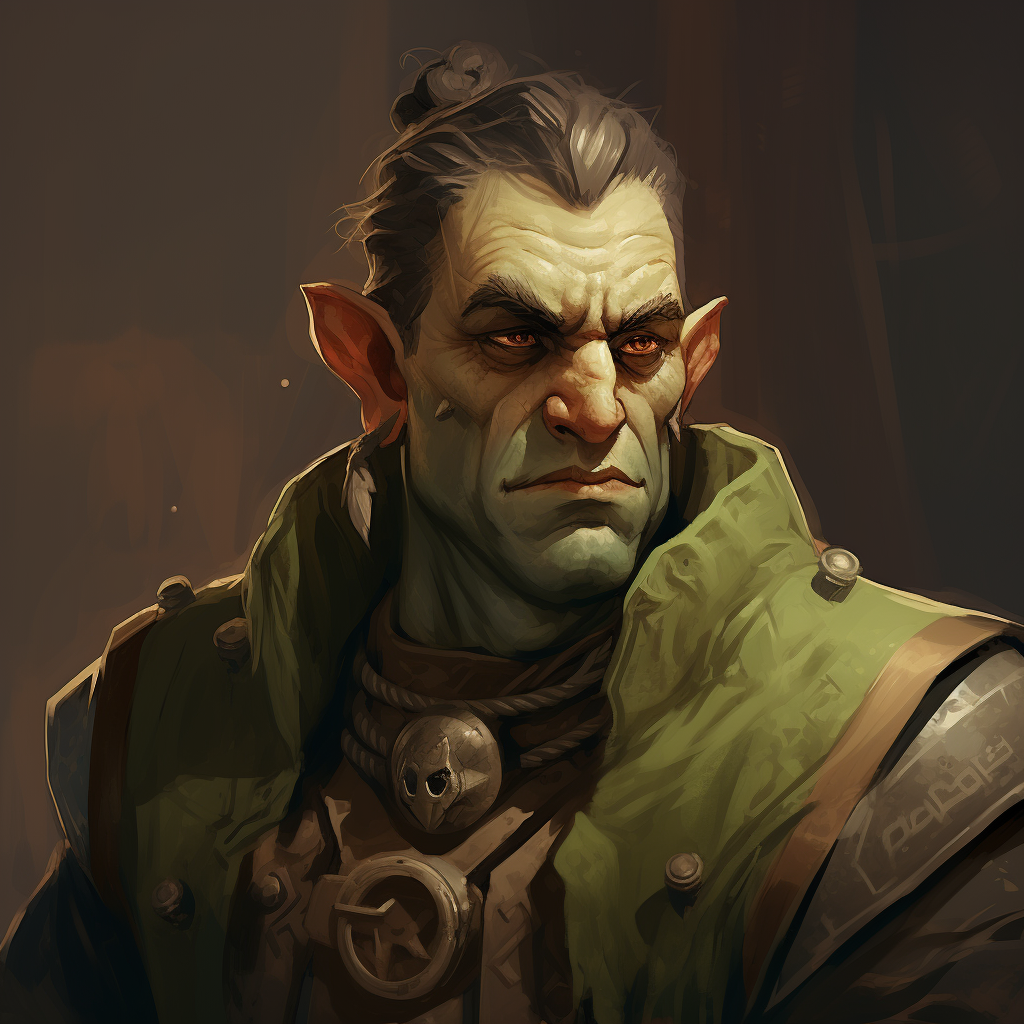 Hob wearing a green tunic with gray hair in a ponytail