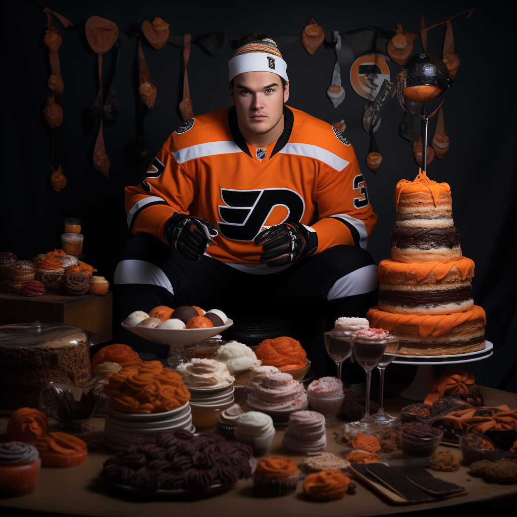 Talented hockey player enjoying a tasty cinnamon bun