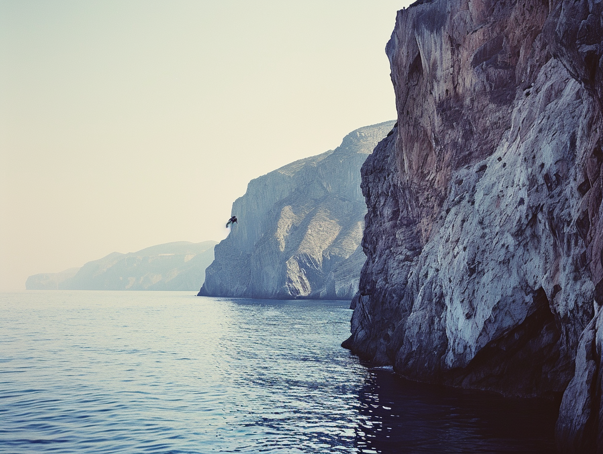 Professional cliff diver jumping into the sea