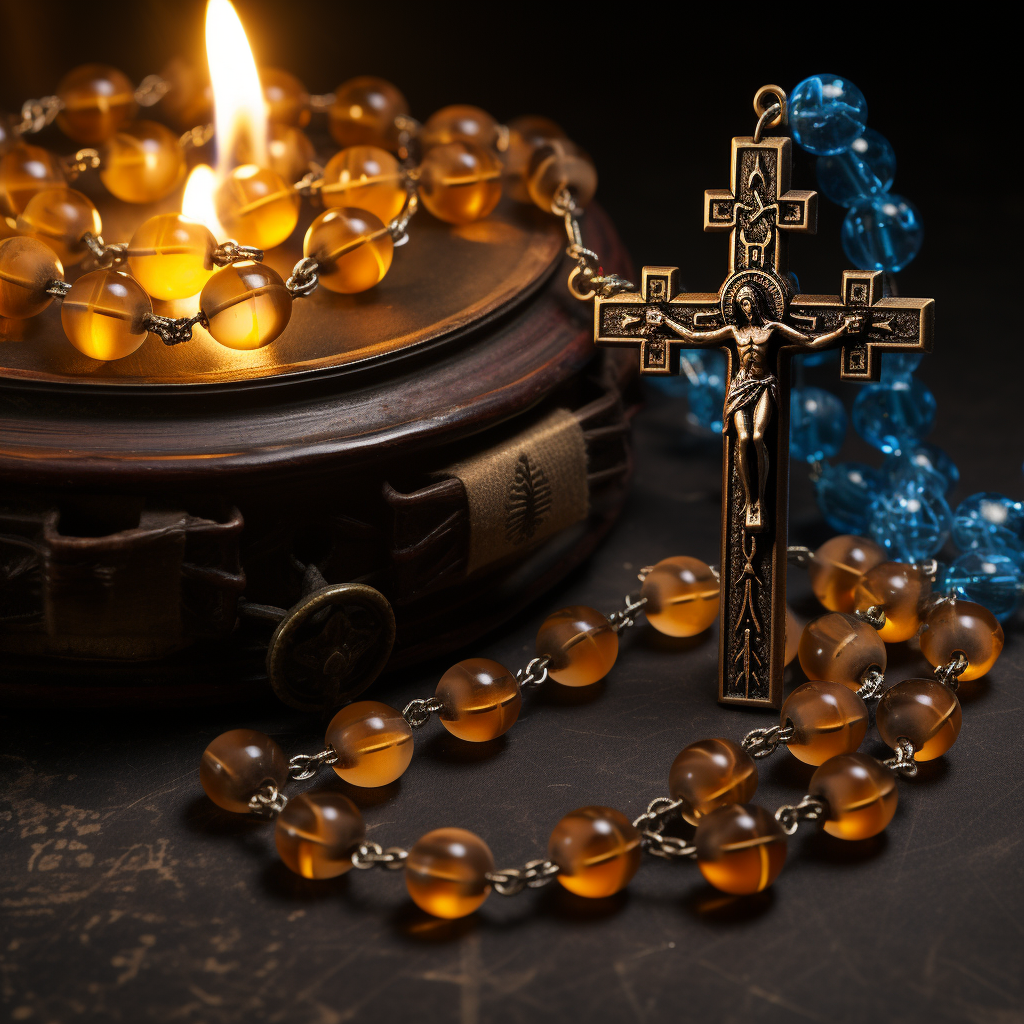 Dark-colored holy rosary with amber beads in blue light