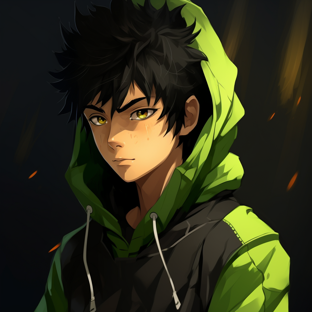 Young male with spiky black hair and green highlighted leaf hoodie