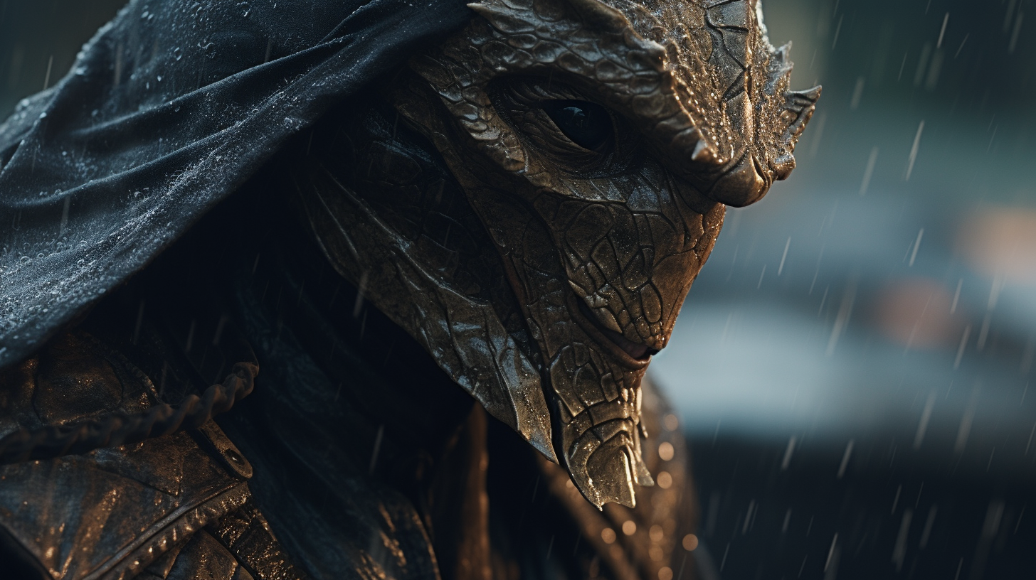 Close-up of hooded dragonborn in rain