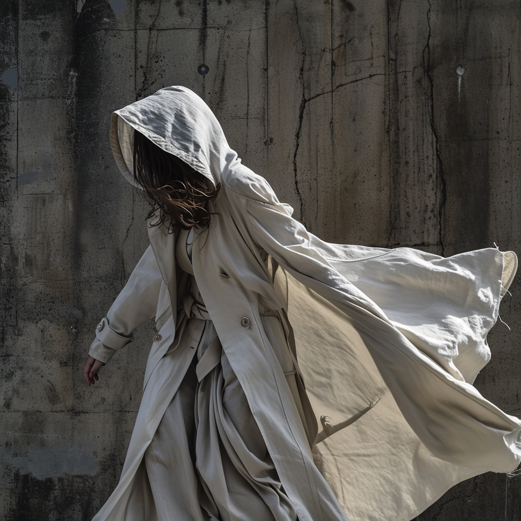 Hooded Woman in White Trenchcoat