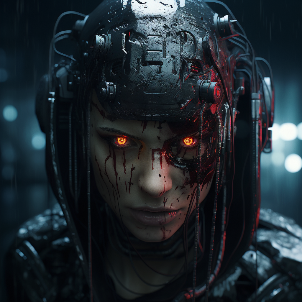 Women wearing horror mask in a cyberpunk setting