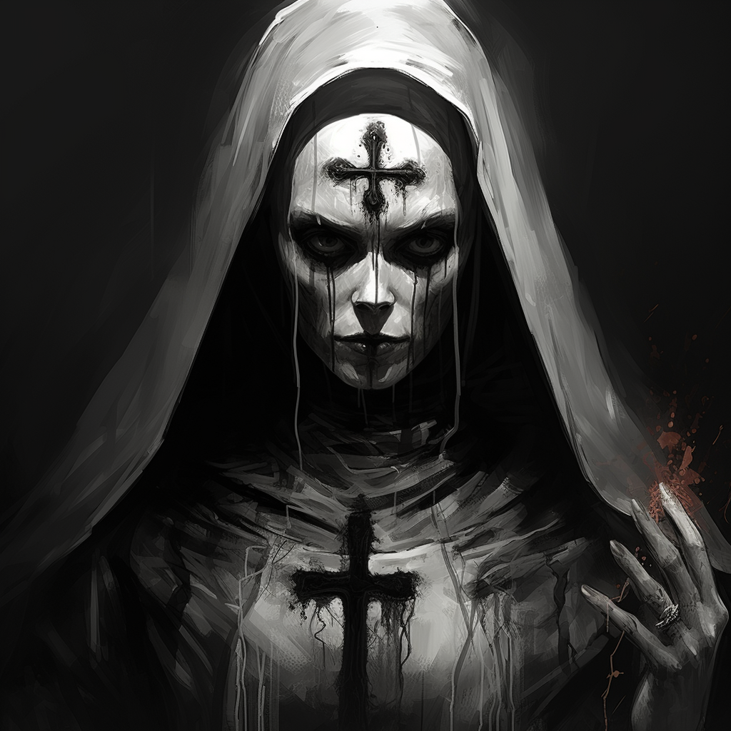 Intimidating horror nun in black and white