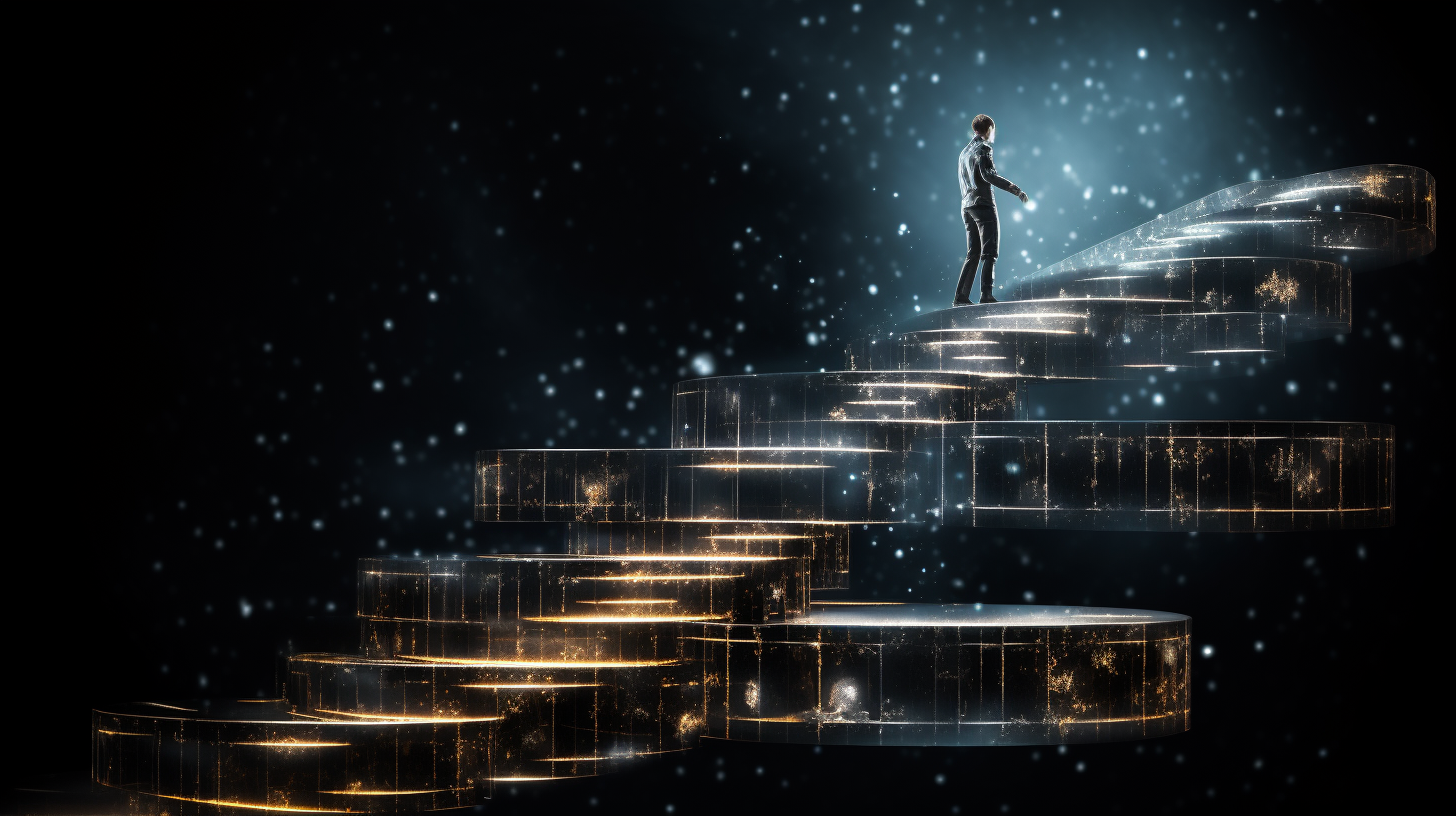 Human AI walking up staircase on black background