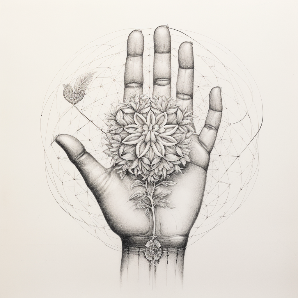 Sketch of human hand with flower of life