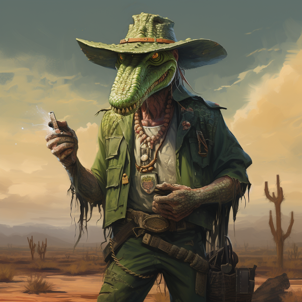 Green-skinned alligator hillbilly man with knife and cigar