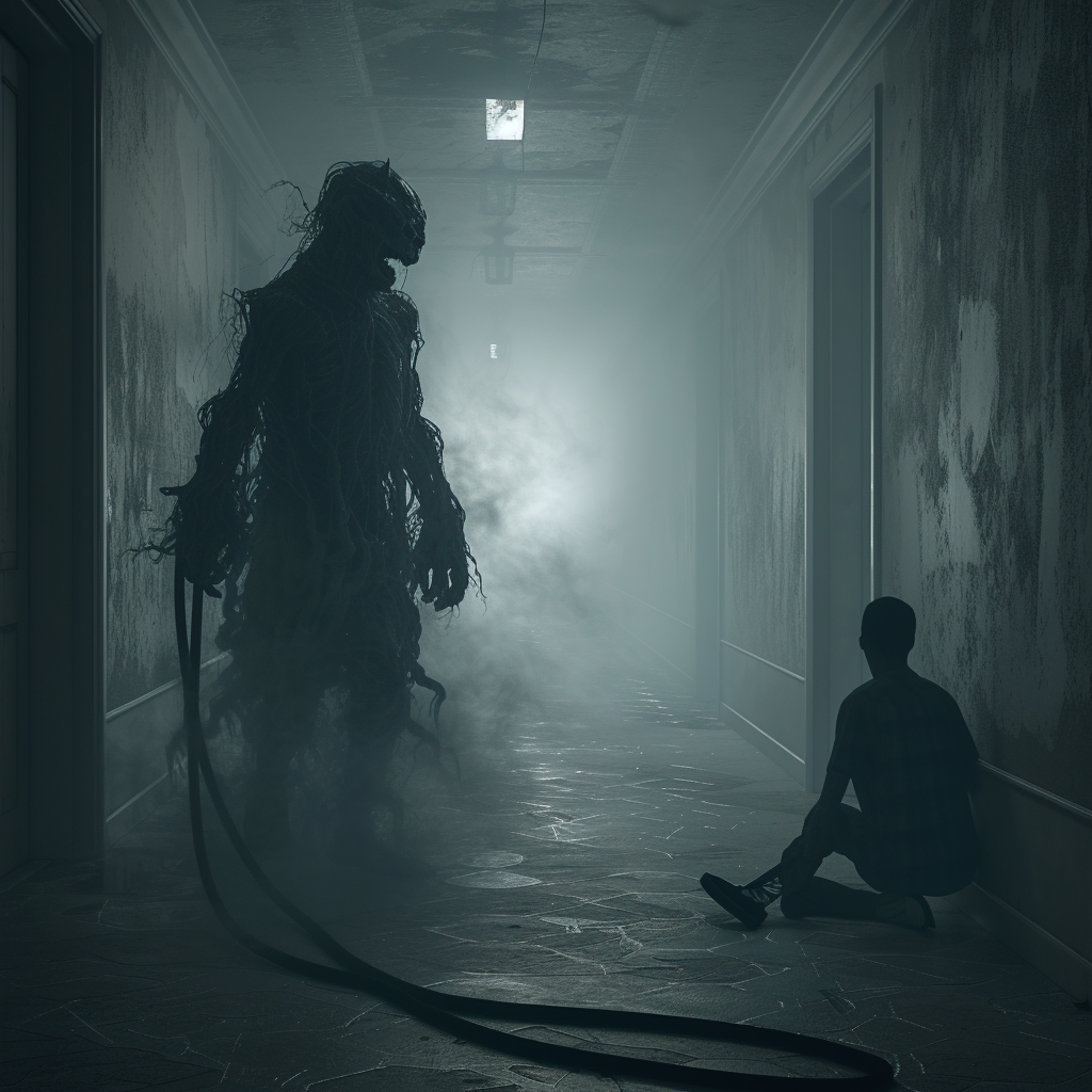 Dark cinematic image of humanoid demonic entity with person on leash