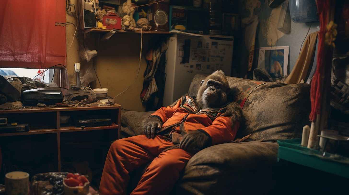 Humanoid ape on couch in Chinese apartment