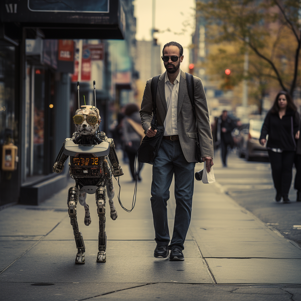 Humanoid robot walking small dog