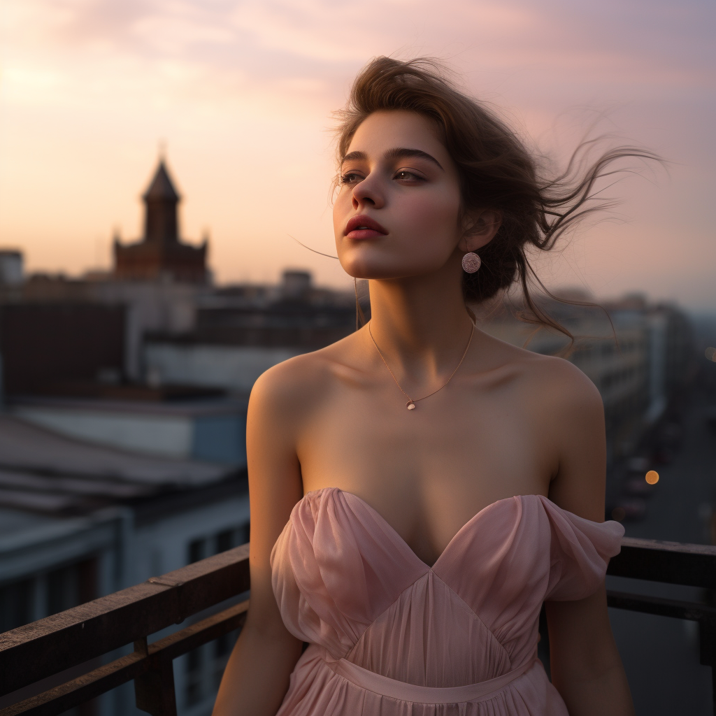 Stylish Hungarian woman in pink dress on rooftop