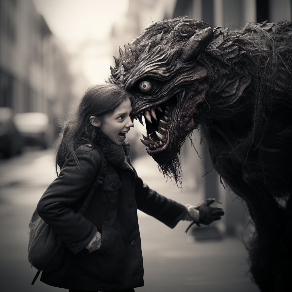 Hungry teenage vampire girl biting hideous monster