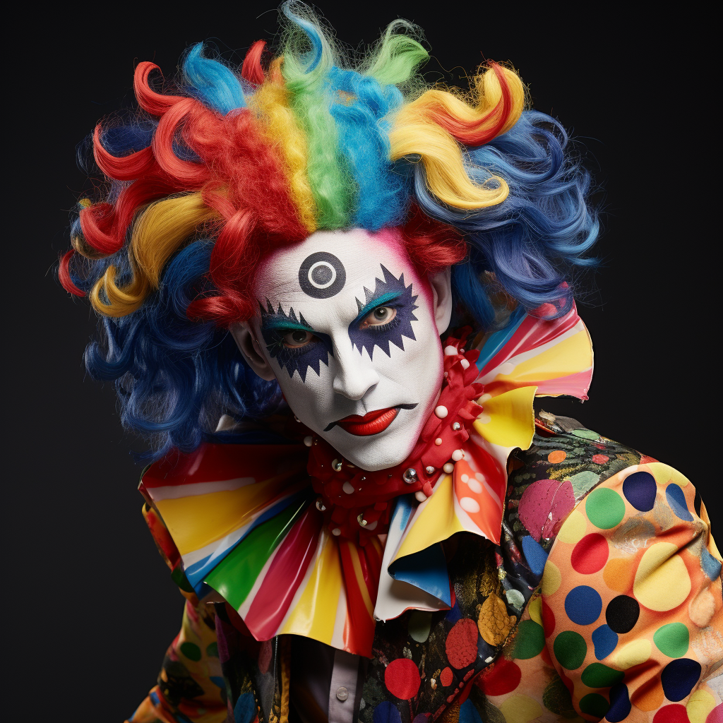 Flamboyant clown character with whimsical makeup and colorful jumpsuit