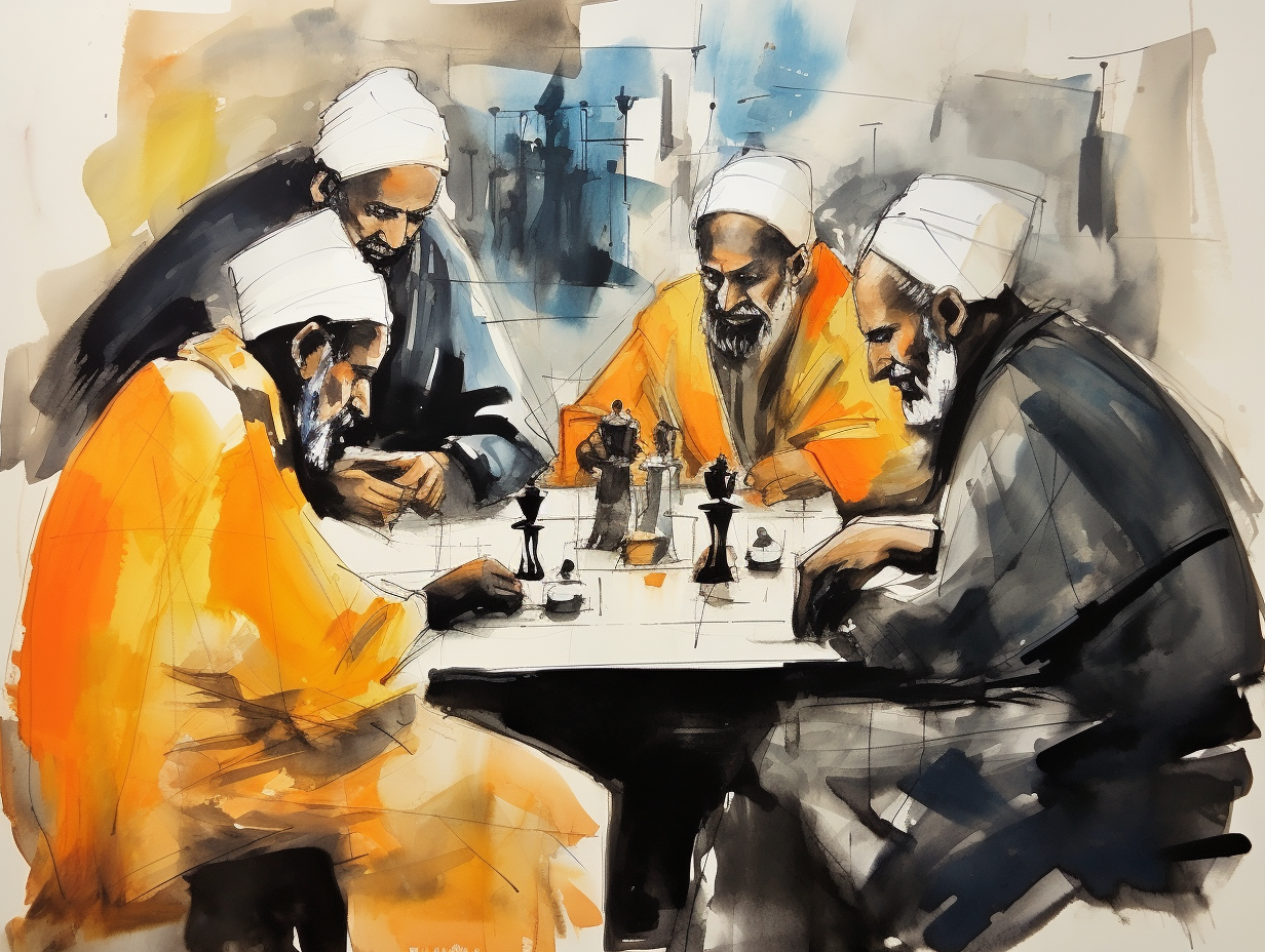 Colorful painting of old men playing board games