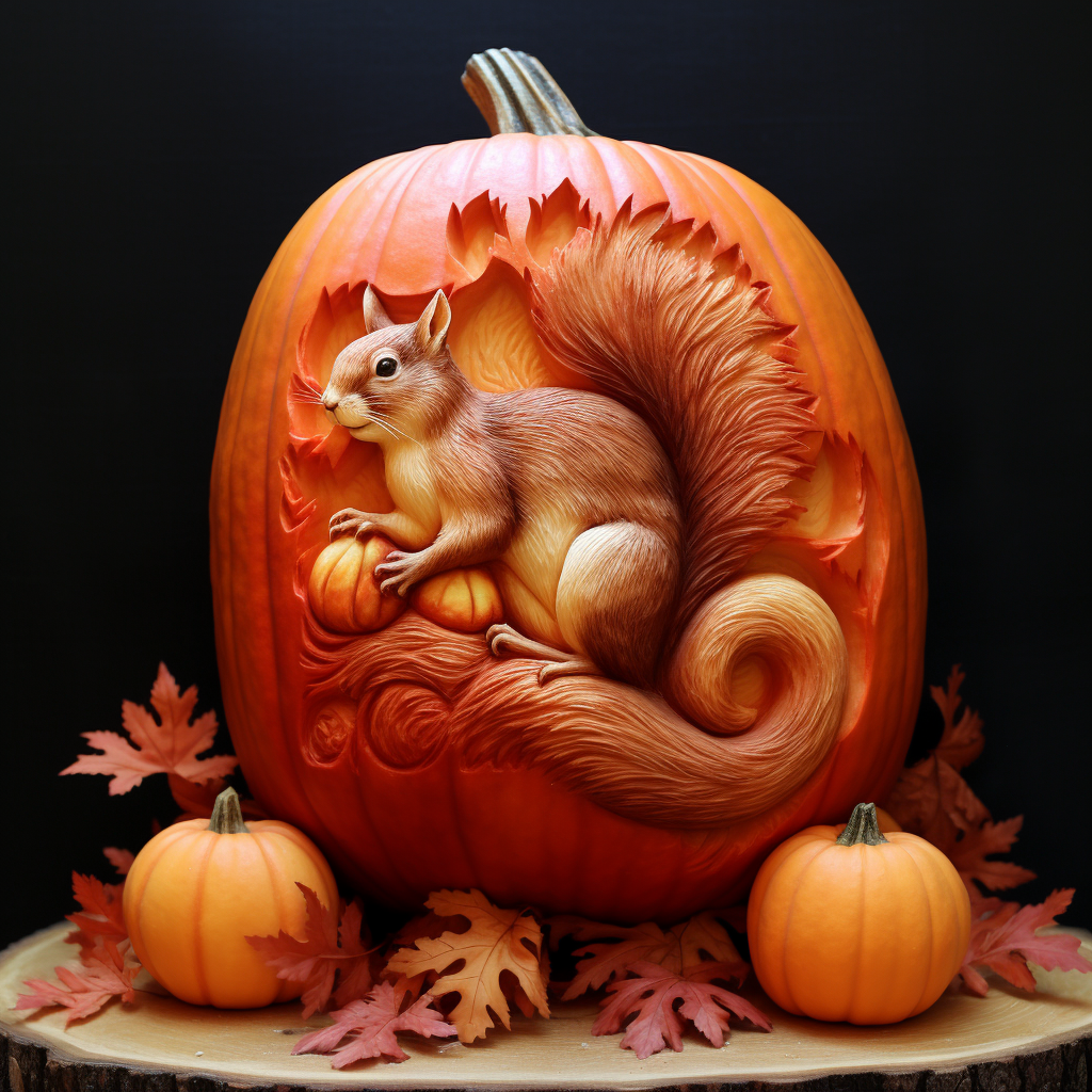 Hybrid squirrel holding a pumpkin in the woods