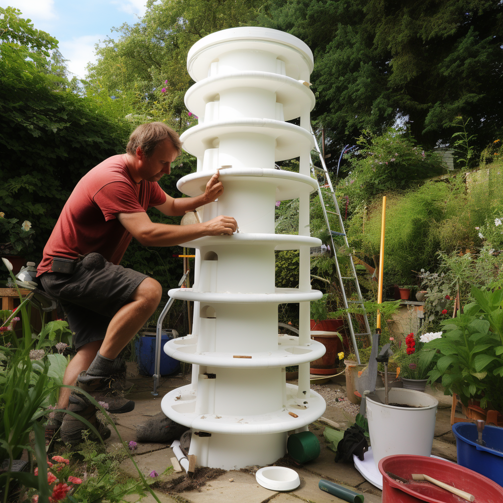 Father constructing a hydroponic tower garden