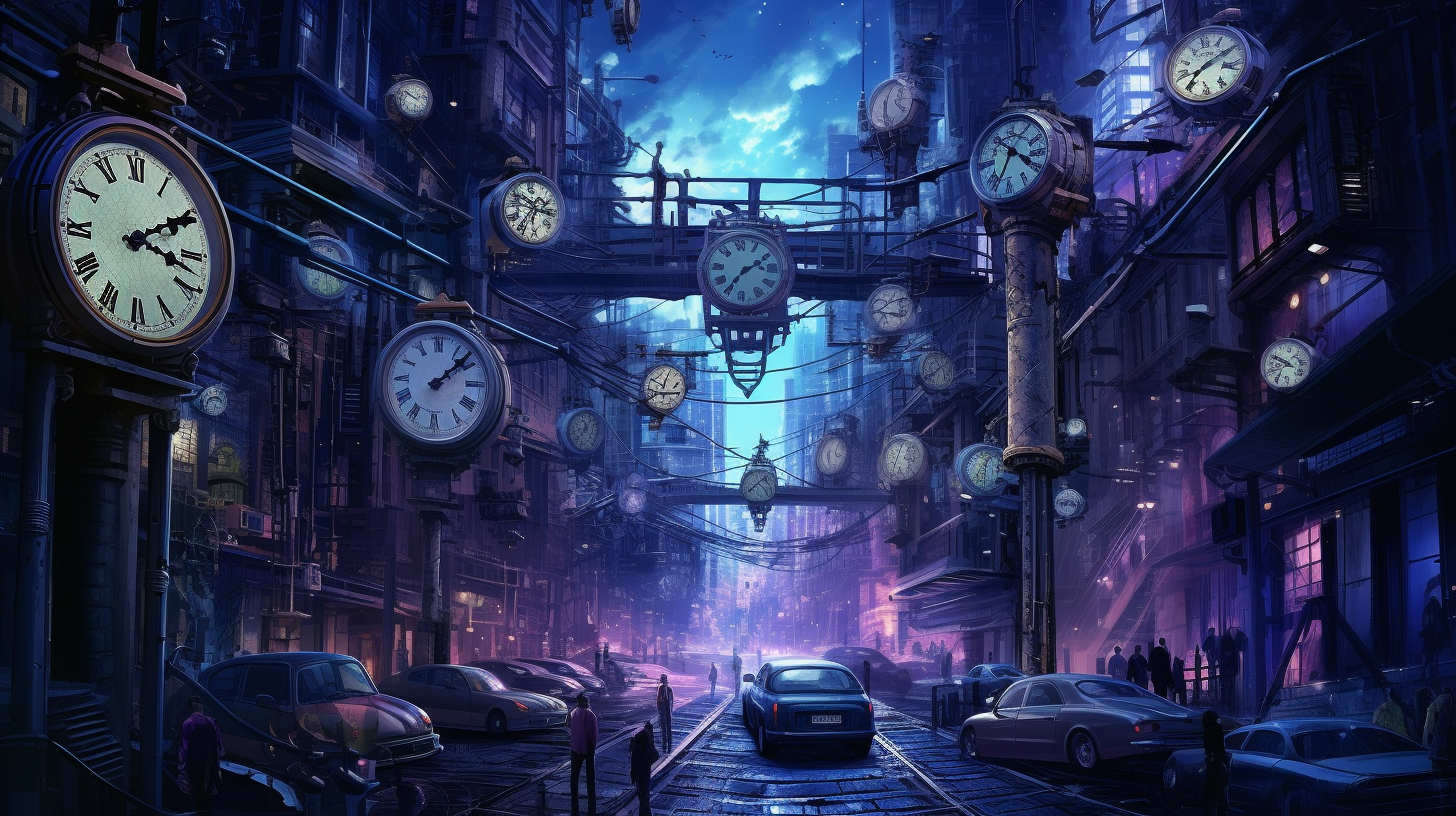 Bustling city street with clock and interconnected devices