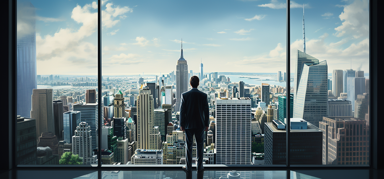 Man looking out of skyscraper's glass window