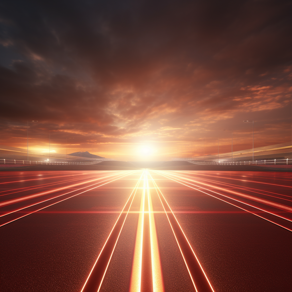 Hyperrealistic highway backdrop with red and gold light rays