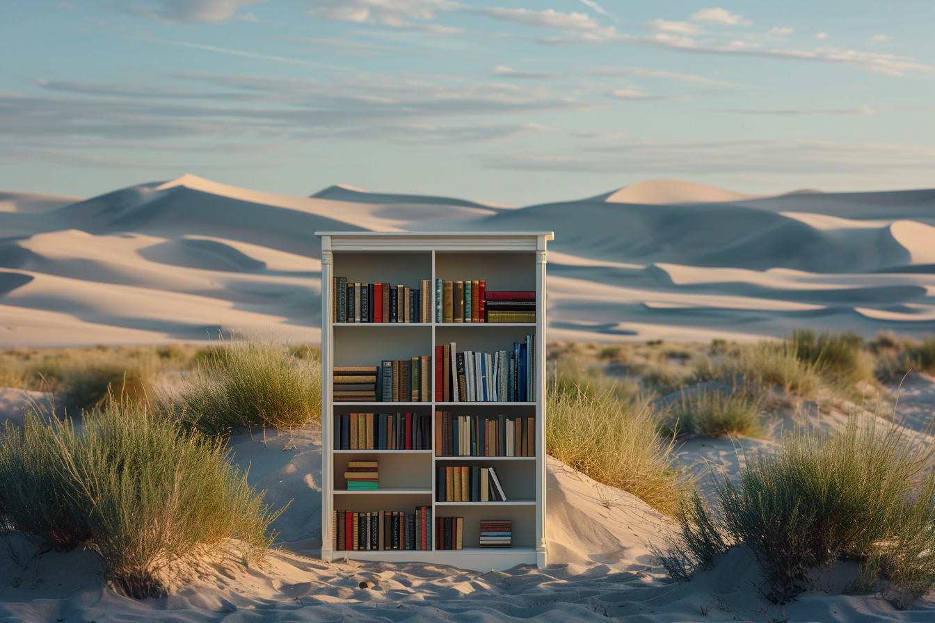 Small white bookshelf in desert sunset