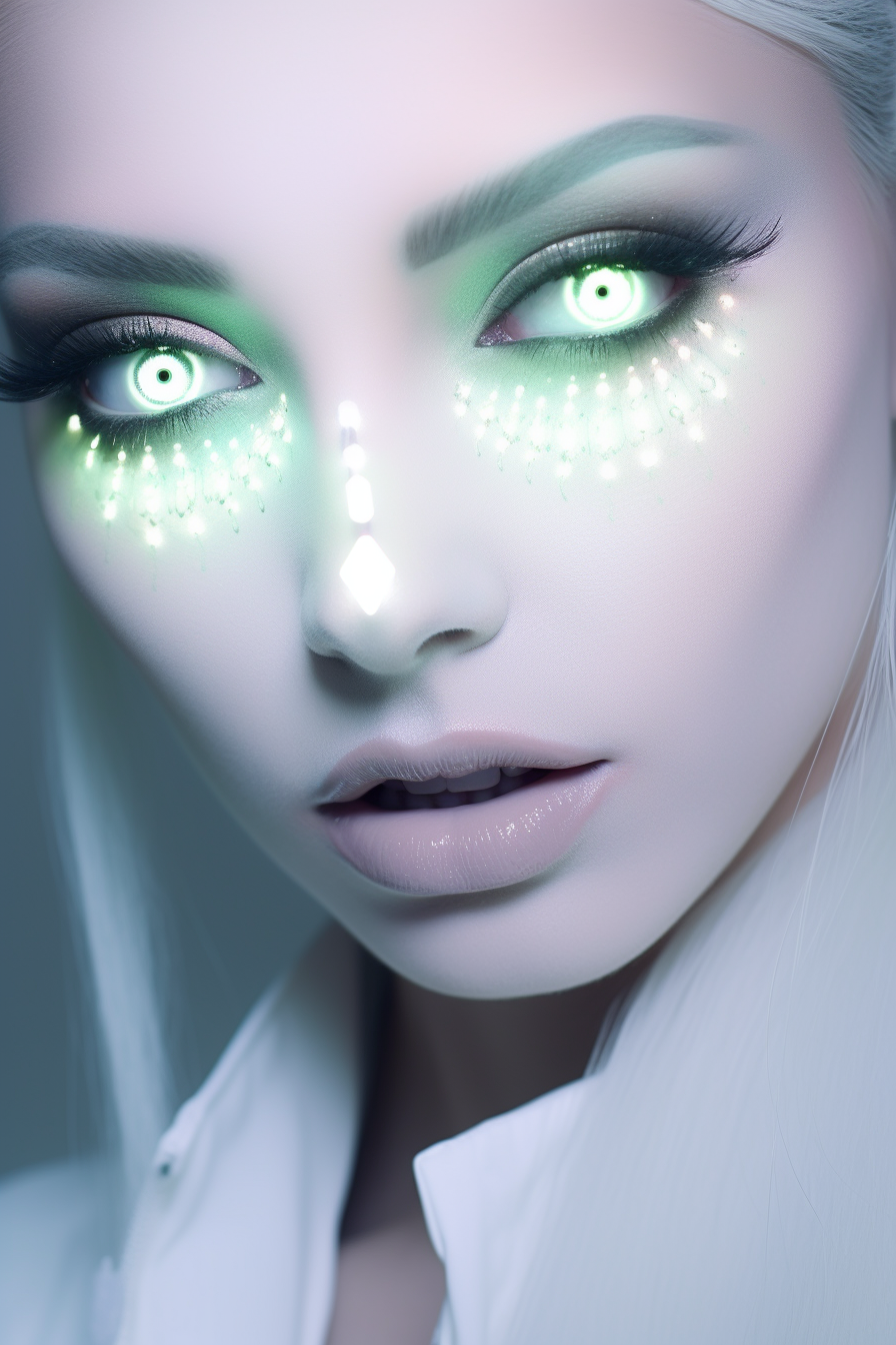 Person with illuminated subdermal biomorphic pores and mint green eye shadow