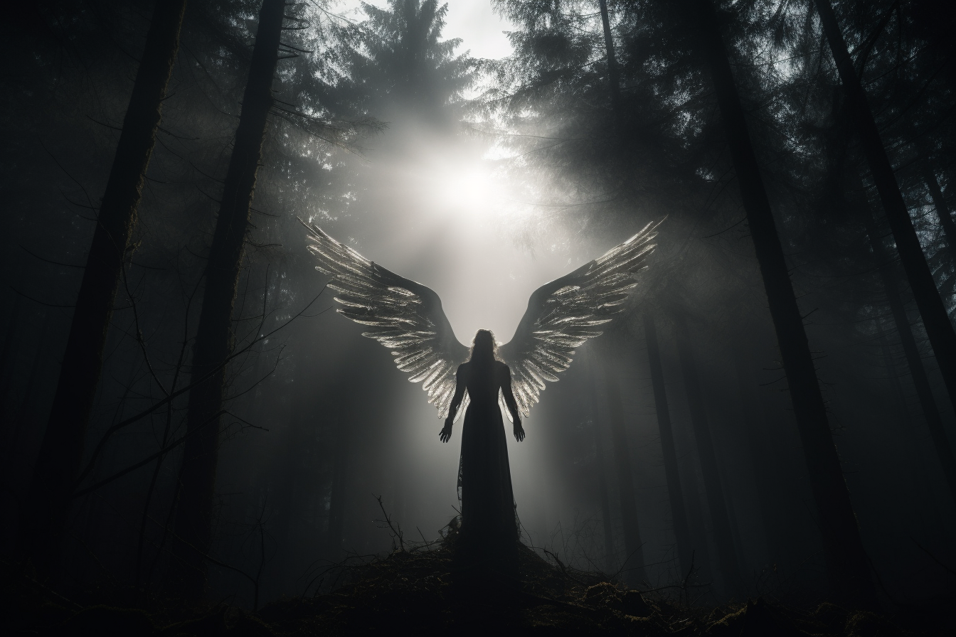 Cinematic angel in dark forest