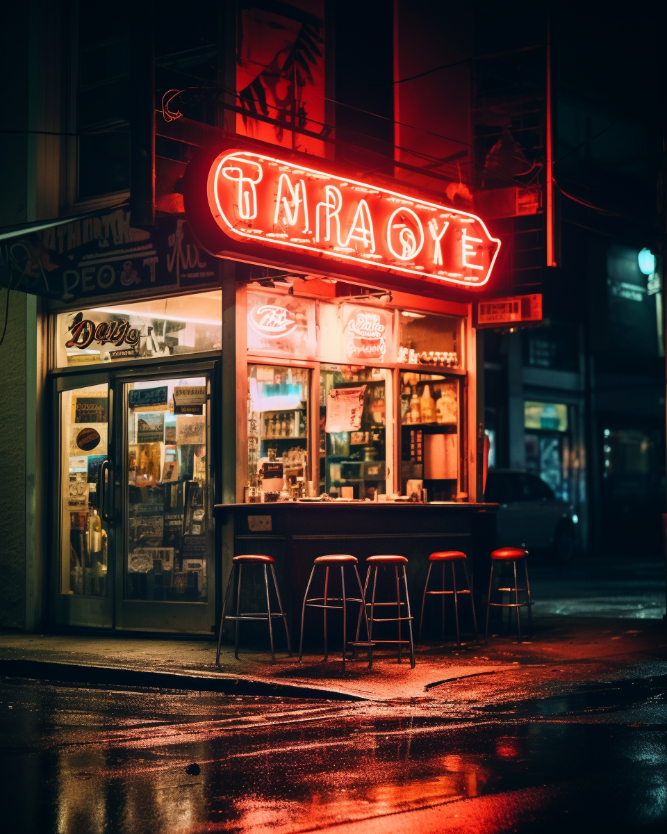 Neon-lit bar in immersive and moody atmosphere