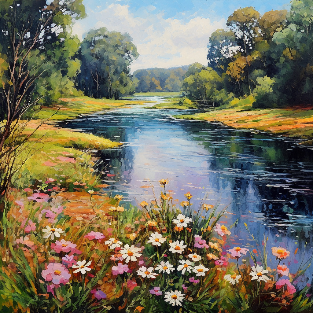 Impressionist flowers on river bank with trees