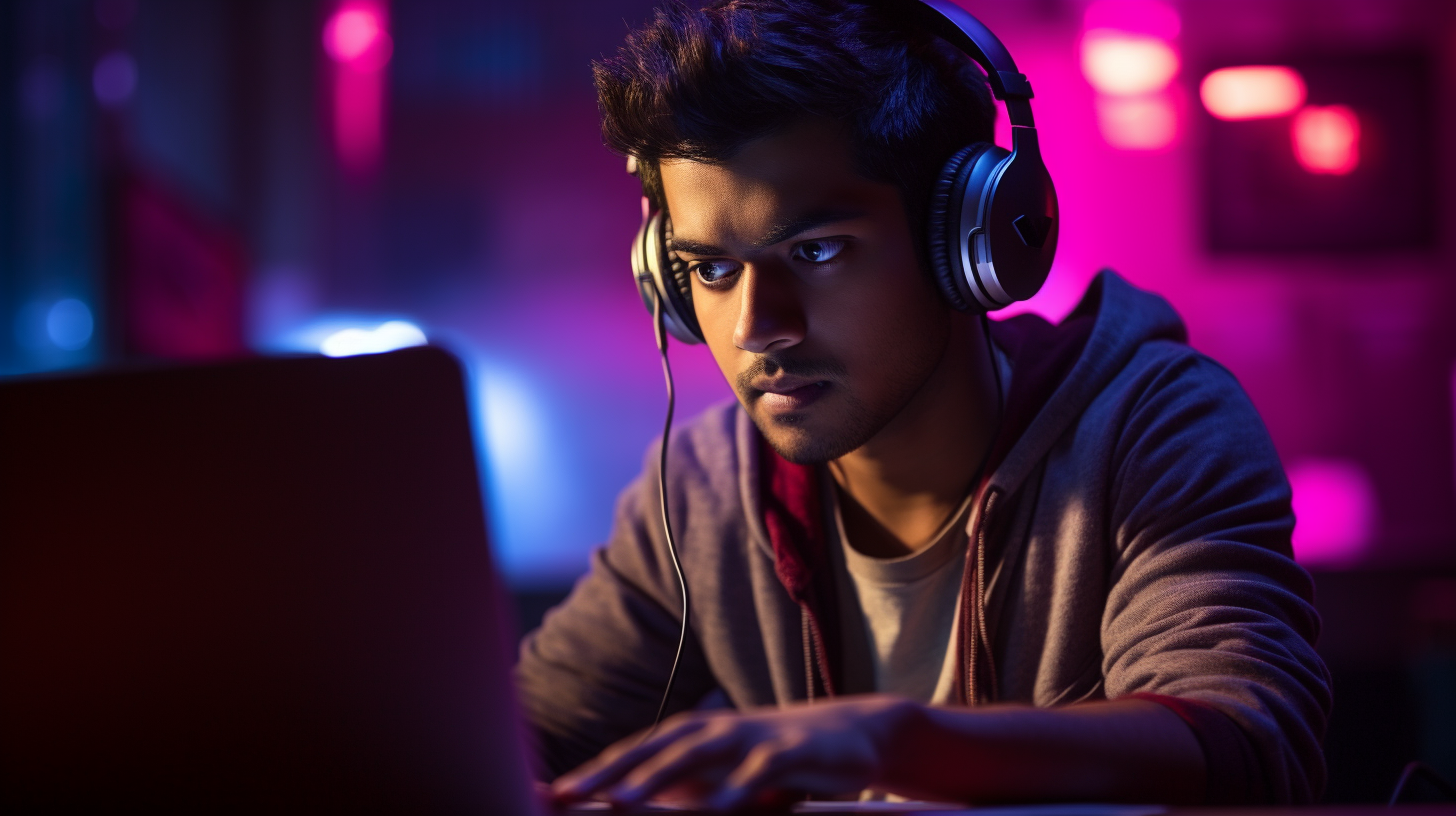 Young man using music laptop intensively