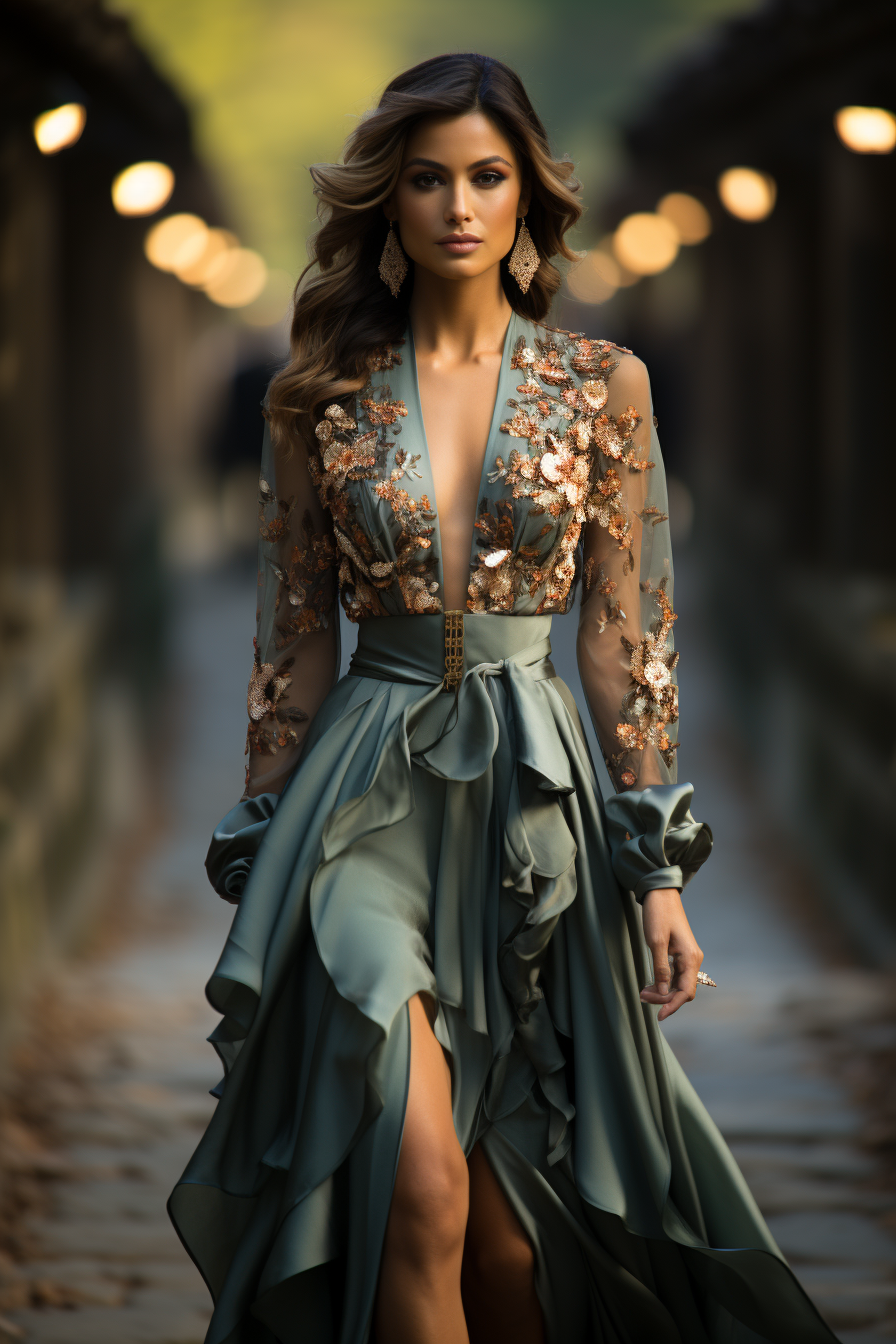 Elegant Indian model in Elie Saab evening gown