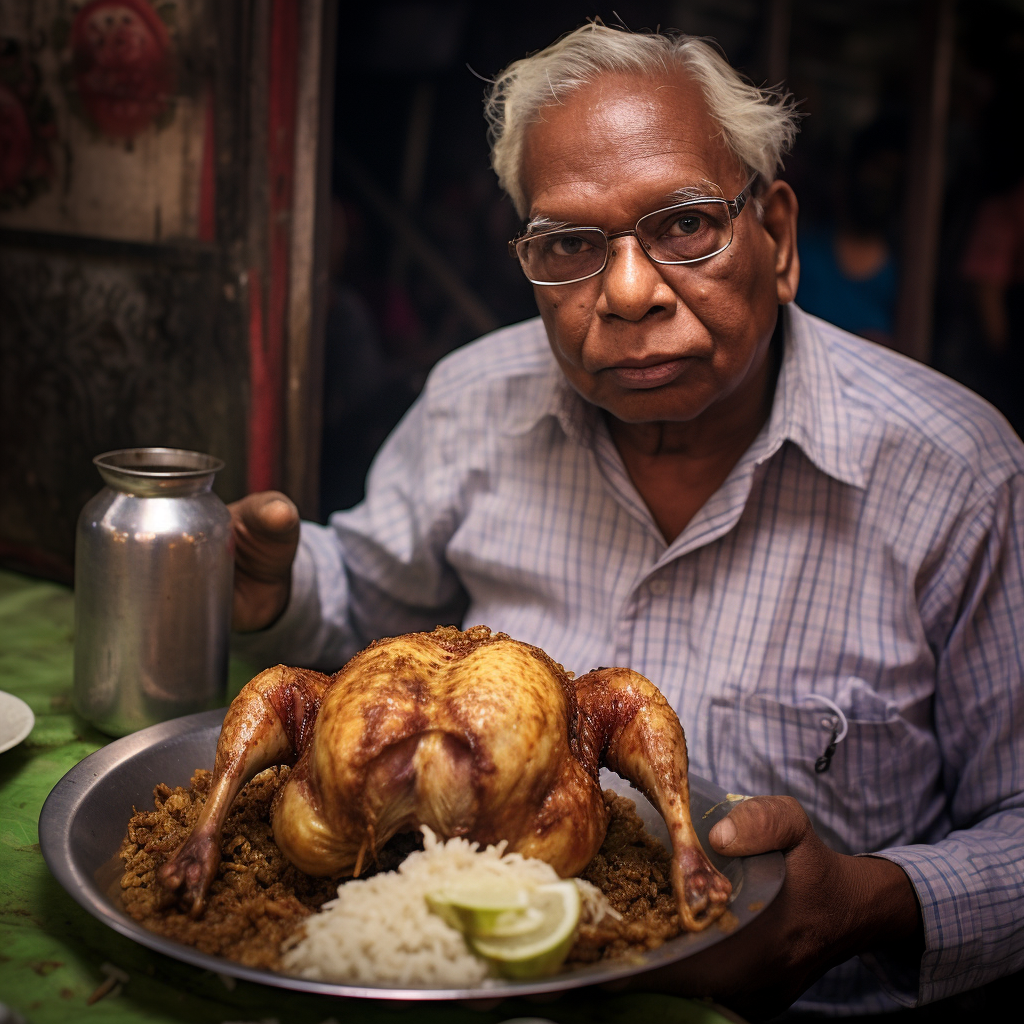 Indian man serving chicken biriyani dish