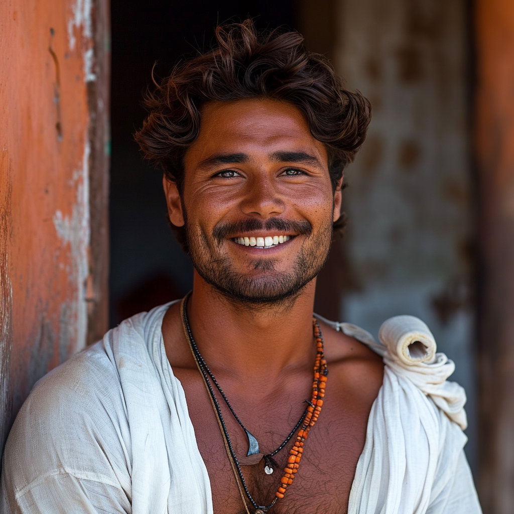 Indian man with white t-shirt and tube, smiling