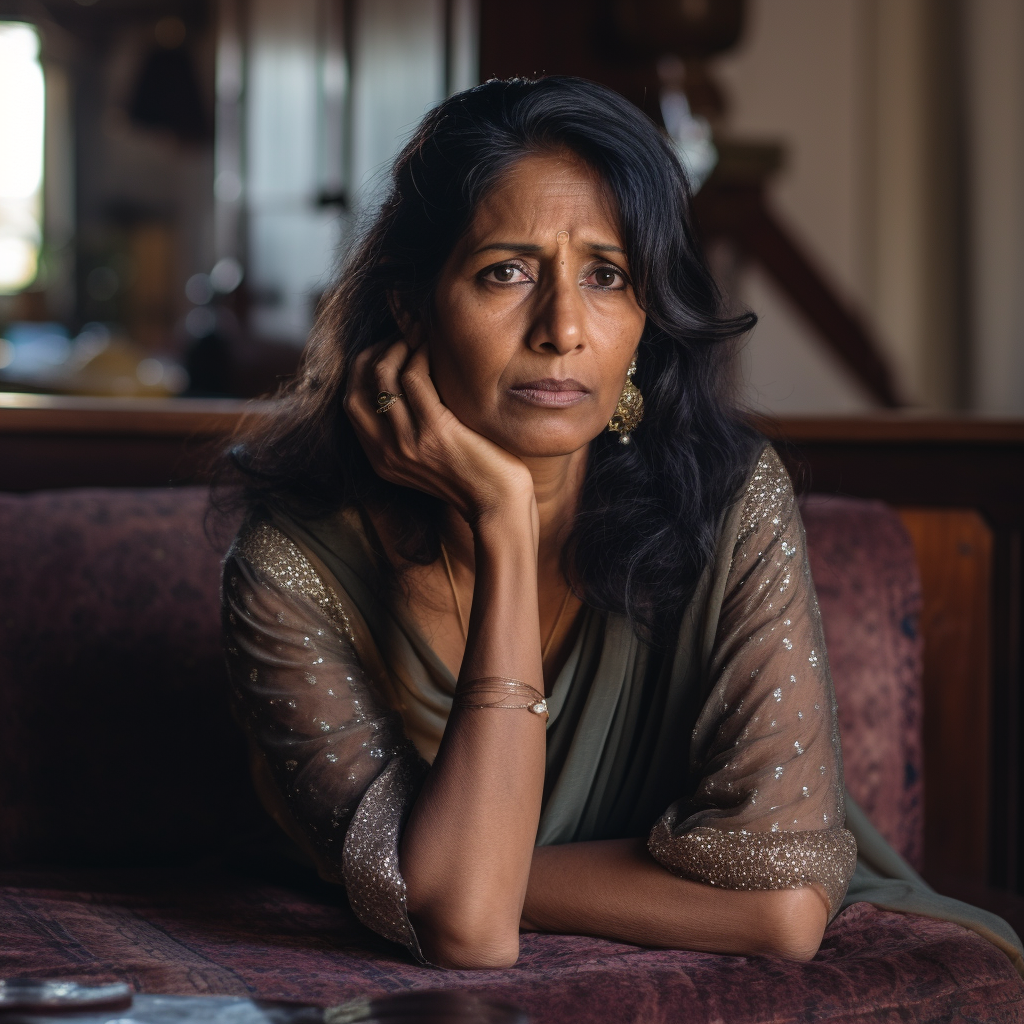 Depressed Indian woman thinking in living room